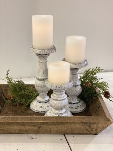 CANDLE HOLDERS SET OF 3 WHITE WASHED ALUMINUM AVAIL JUNE 2023